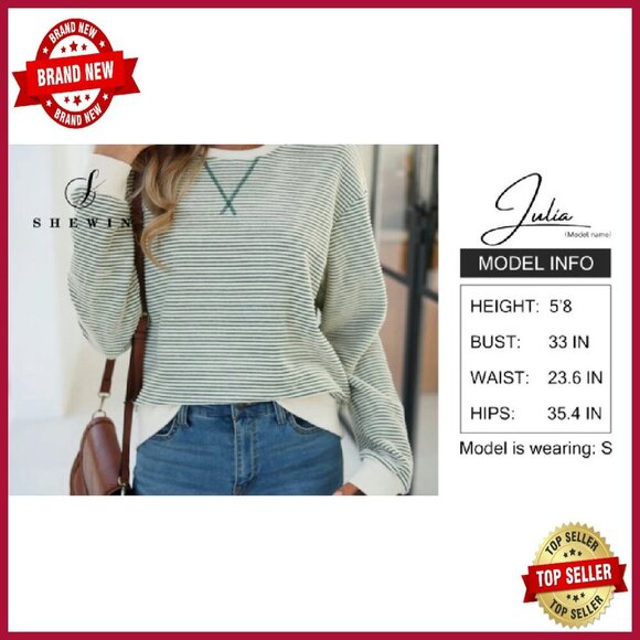 Women's Striped Crewneck Sweatshirt Long Sleeve Pullover Cotton Blend Loose Fit - Picture 8 of 8